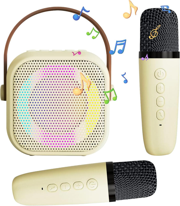 Karaoke Set für Kinder mit 2 kabellosen Mikrofonen – Bluetooth Lautsprecher mit LED Discolichtern &