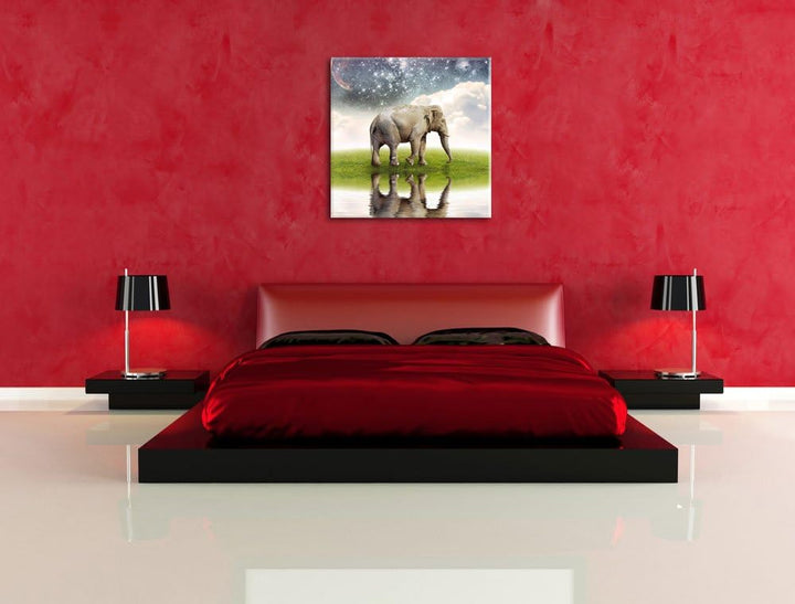 Pixxprint Einsamer Elefant unter Sternenhimmel, Format: 70x70 auf Leinwand, 70x70