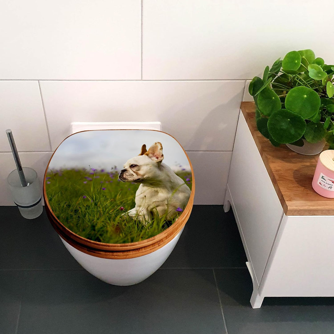 banjado® Design WC Sitz Bambus Absenkautomatik mit Motiv Franz. Bulldogge/Toilettendeckel mit Absenk
