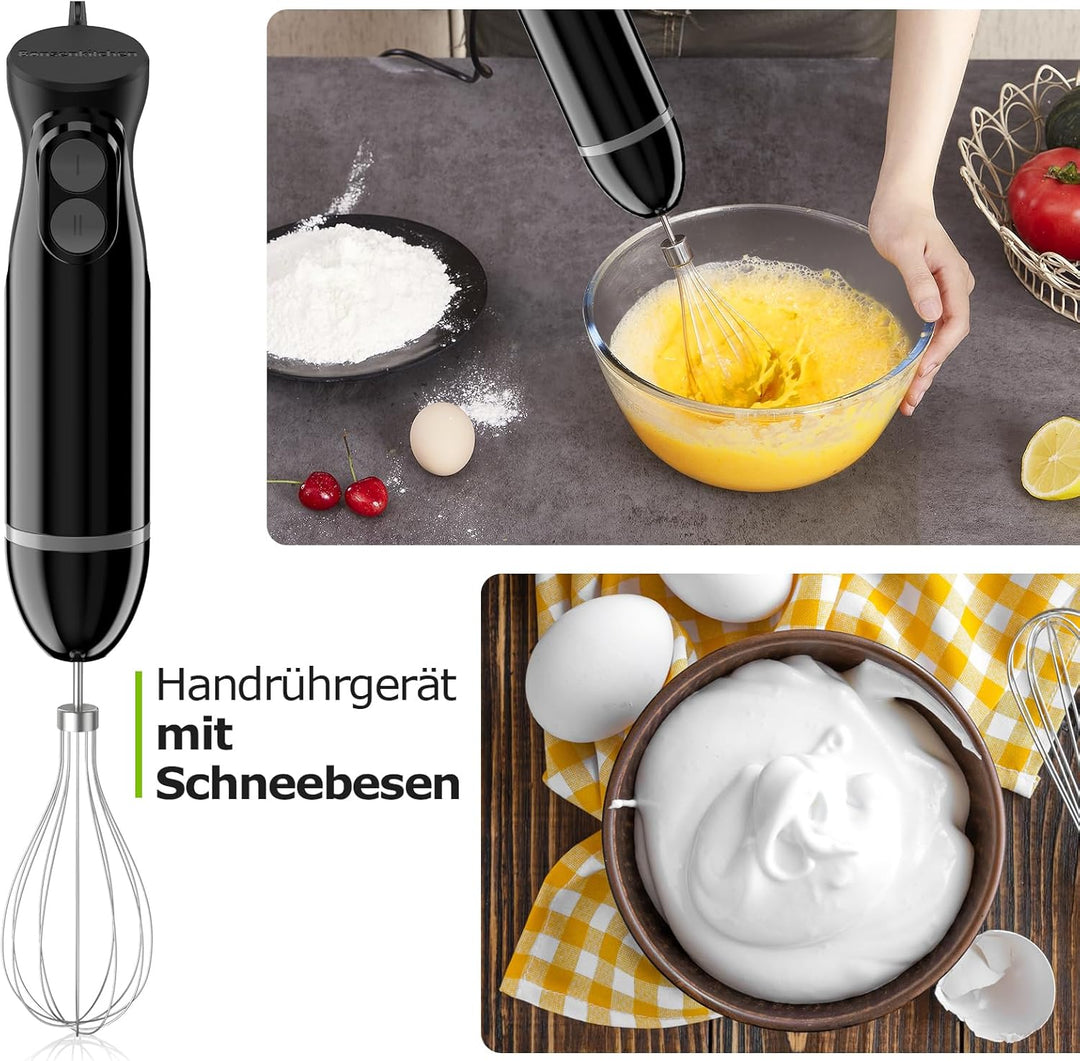 Bonsenkitchen 3 in 1 Elektrischer Stabmixer, 1000W Pürierstab mit Schneebesen/Messbecher, Stufenlose