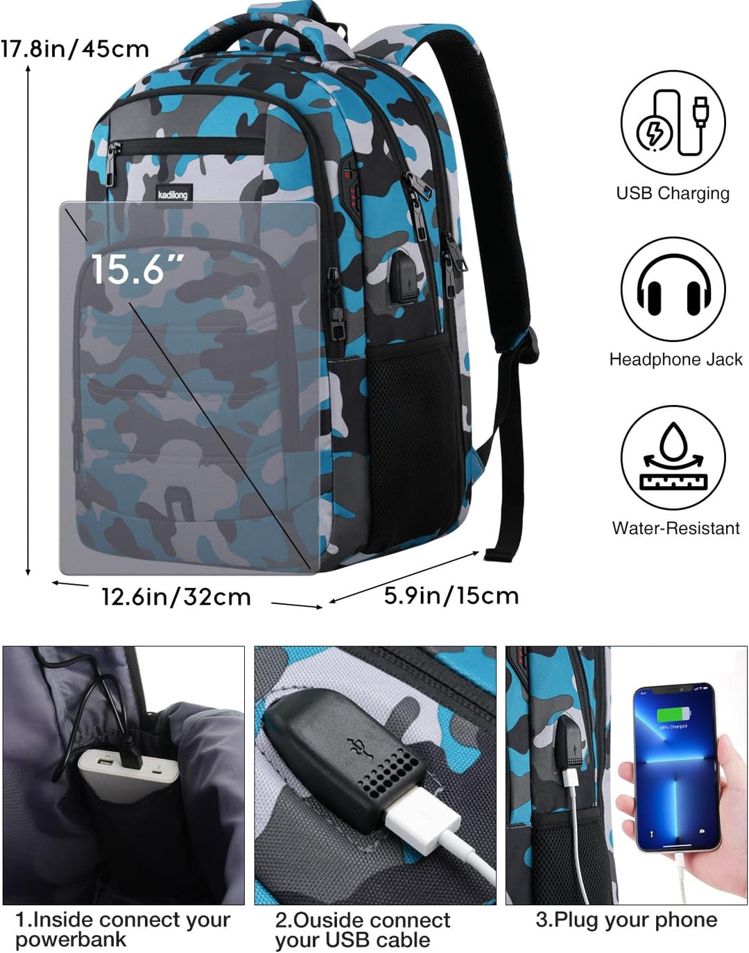 kadilong 15.6 Zoll Rucksack Laptop Herren,Schulrucksack Jungen Teenager Schulranzen Schule mit USB L