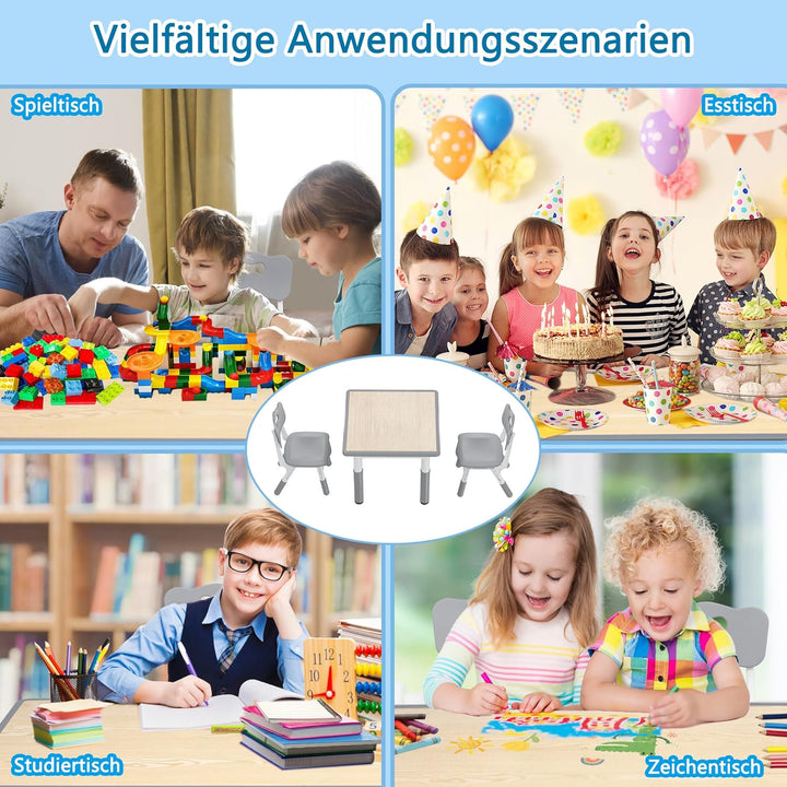 AufuN Kindertisch mit 2 Stühlen, Kindertischgruppe mit Verstellbarer Höhe, Kinderzimmertisch & -stuh