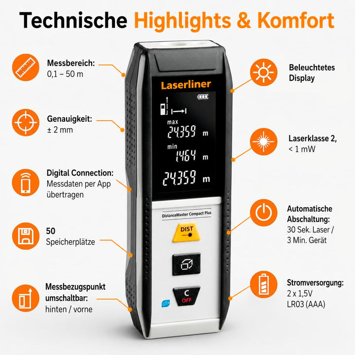 Laserliner Laser Entfernungsmesser, DistanceMaster DistanceMaster Compact Plus 50, DistanceMaster Co