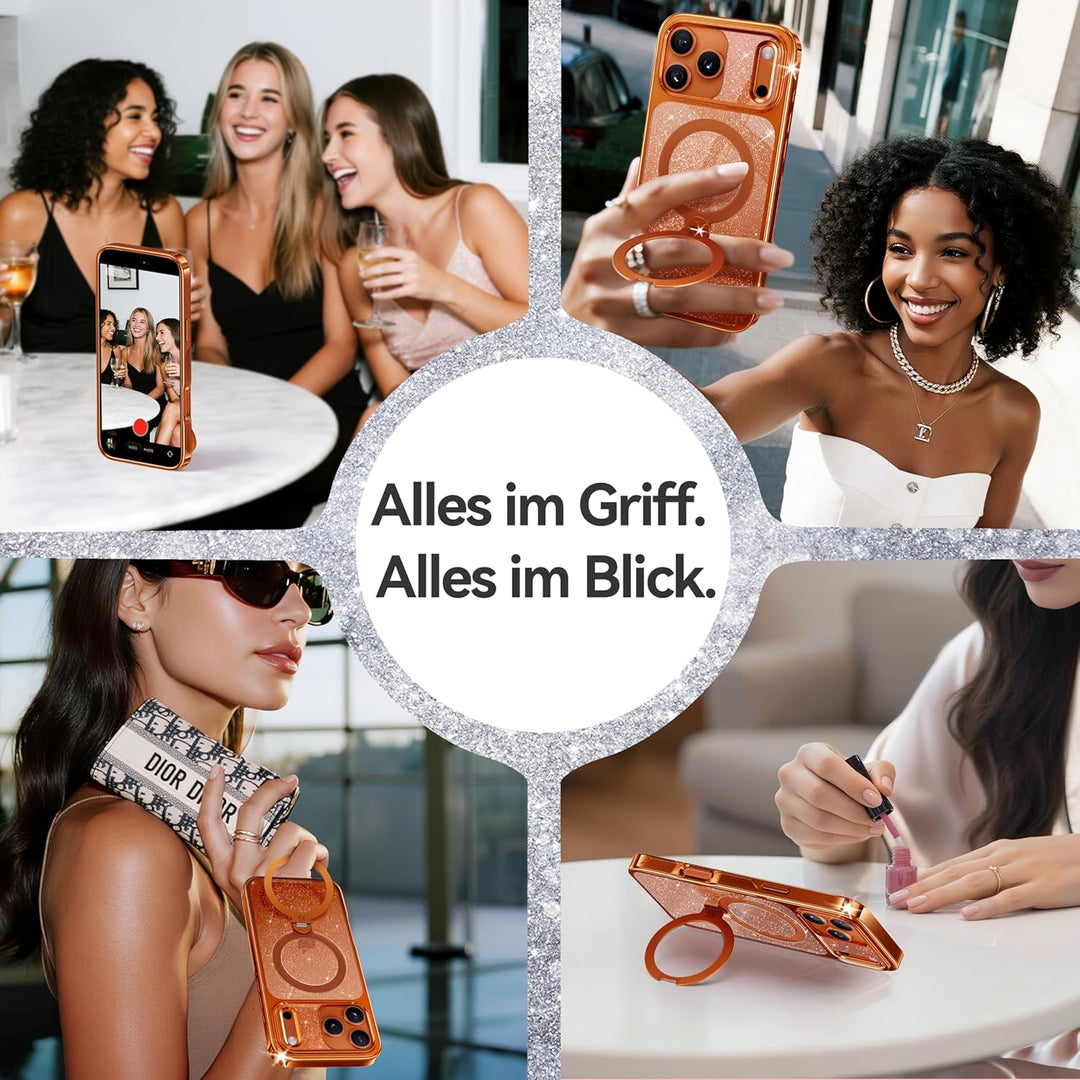 CASEKOO Glitzer Orange für iPhone 17 Pro Max Hülle für MagSafe [360 Drehständer] [Kameraschutz & Mil