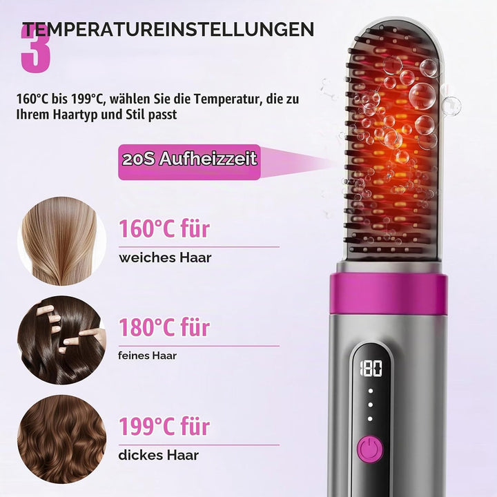 Tragbare Glättungsbürste für Haarstyling, Bwaliffury Kabellose Glättbürste, 4000mAh Wiederaufladbare