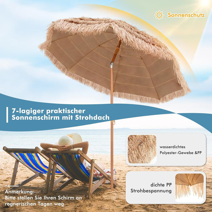 GOPLUS Sonnenschirm Hawaii, Ø 208 cm Sonnenschirm Stroh um 30° knickbar, Strandschirm mit PP-Stroh &amp;