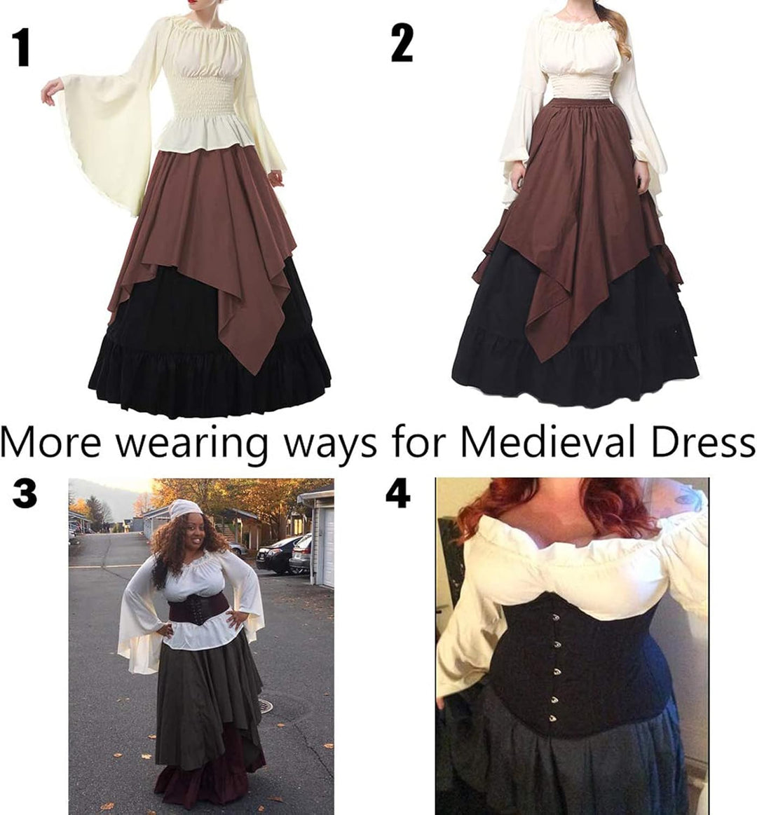 Renaissance Kleid Damen Mittelalter Kleidung Kostüme Fasching Set, Grün+braun S