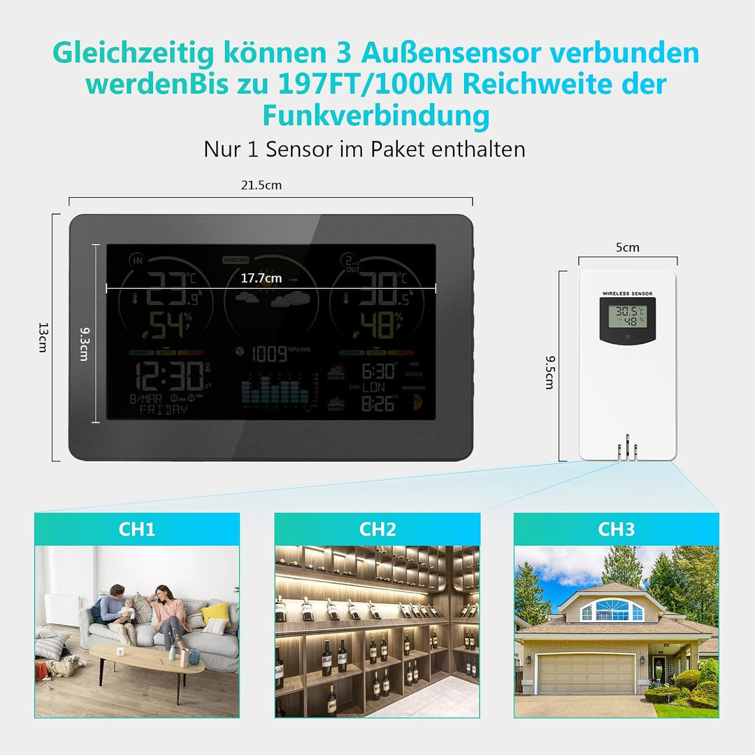 Wetterstation Funk mit Aussensensor, 7,8 Zoll Grosses Farbdisplay mit Beleuchtung & DCF Funkuhr, Wet