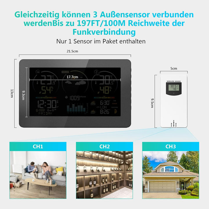 Wetterstation Funk mit Aussensensor, 7,8 Zoll Grosses Farbdisplay mit Beleuchtung & DCF Funkuhr, Wet