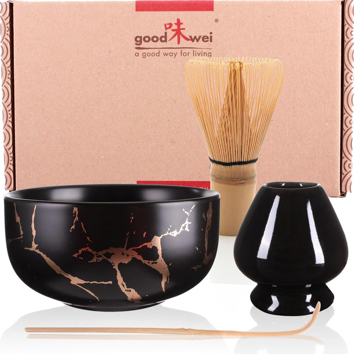 Goodwei Matcha Set mit Besen, Besenhalter und Teeschale für japanische Teezeremonie - Marmor Design