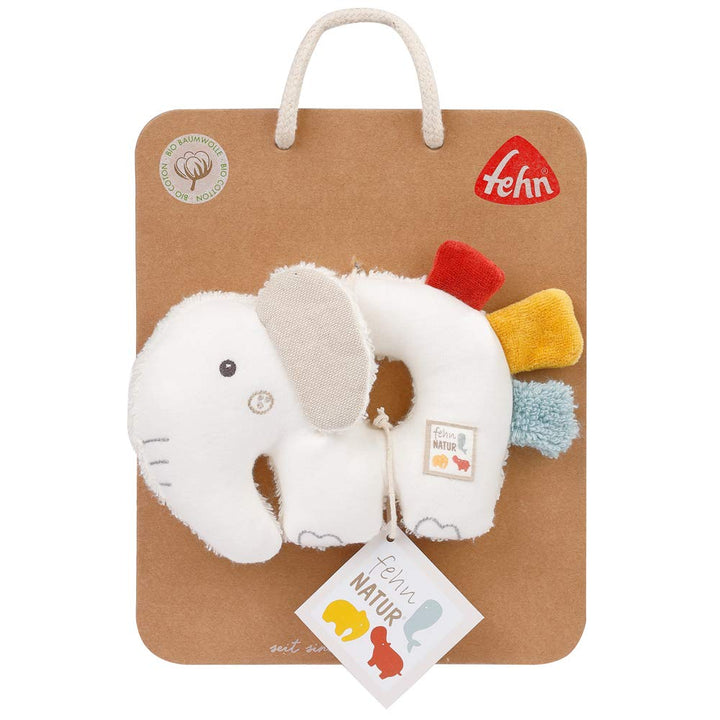 Fehn 056075 Ring-Greifling Elefant fehnNATUR – Bio-Babyspielzeug mit Rassel und Raschelpapier für Ba