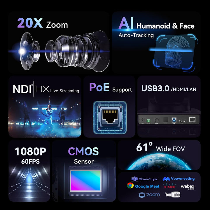 Tenveo NDI PTZ Kamera 20x Optischer Zoom mit AI Auto-Tracking, HDMI/LAN/USB3.0 PoE, FHD 1080P 60FPS