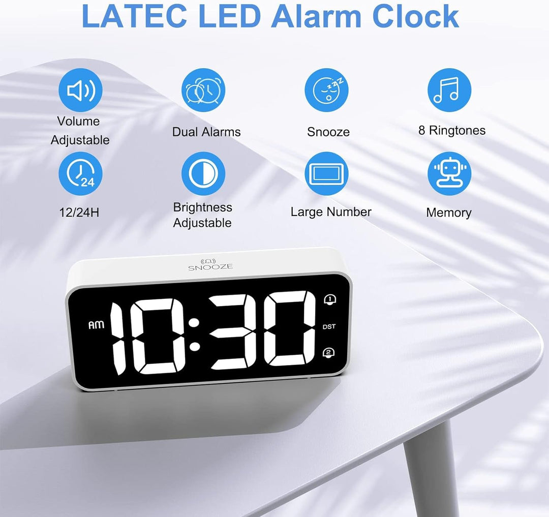 LATEC Wecker Digital, LED Digitaler Wecker mit 2 Alarme Snooze, Digital Uhr mit USB-Ladeanschluss, 0