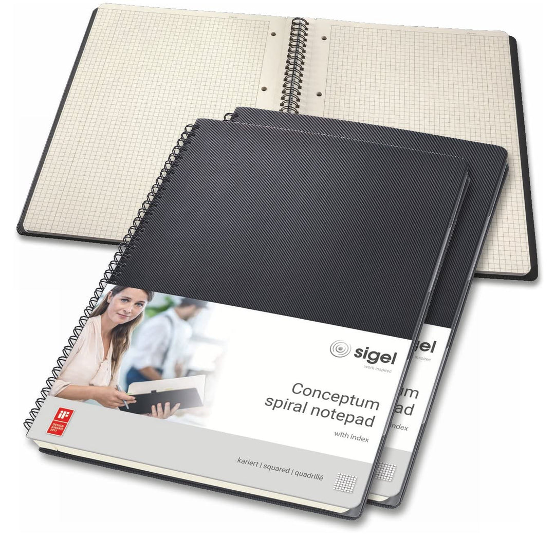 SIGEL CO840/3 Spiralblock A4, kariert, Hardcover, schwarz, 80 Blatt, mit Register, 3er Pack, Concept