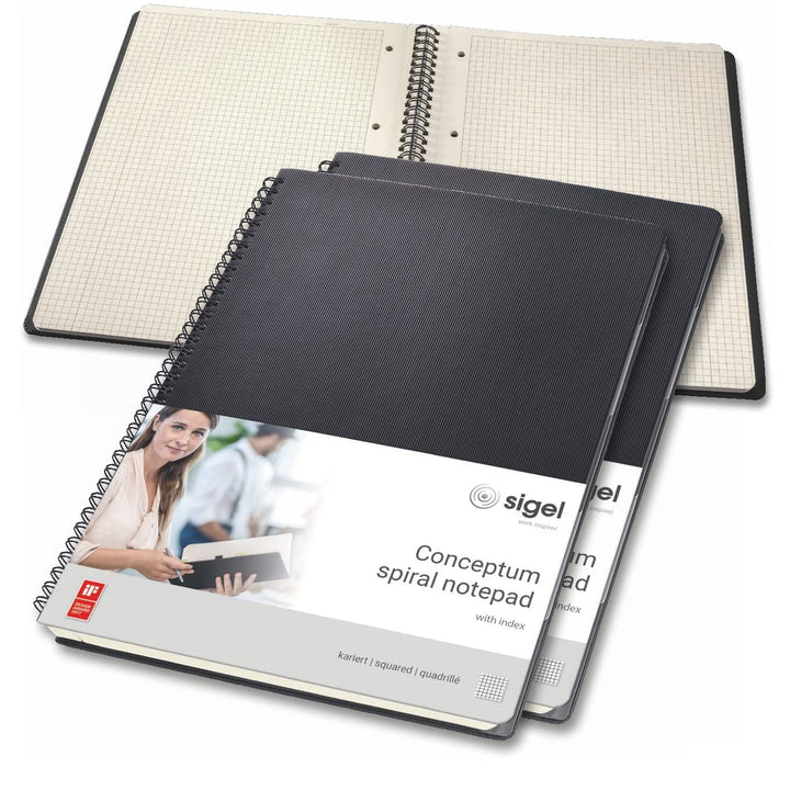 SIGEL CO840/3 Spiralblock A4, kariert, Hardcover, schwarz, 80 Blatt, mit Register, 3er Pack, Concept