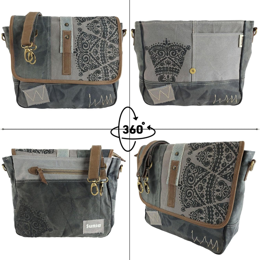 Sunsa Damen Umhängetasche/Messenger Tasche aus grauem Canvas. Grosse Crossbody Bag Geschenkideen für