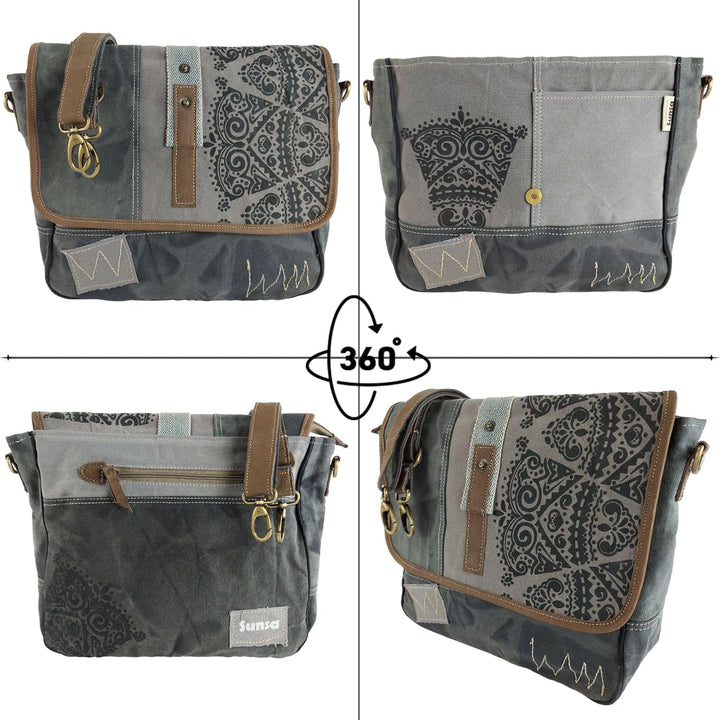 Sunsa Damen Umhängetasche/Messenger Tasche aus grauem Canvas. Grosse Crossbody Bag Geschenkideen für