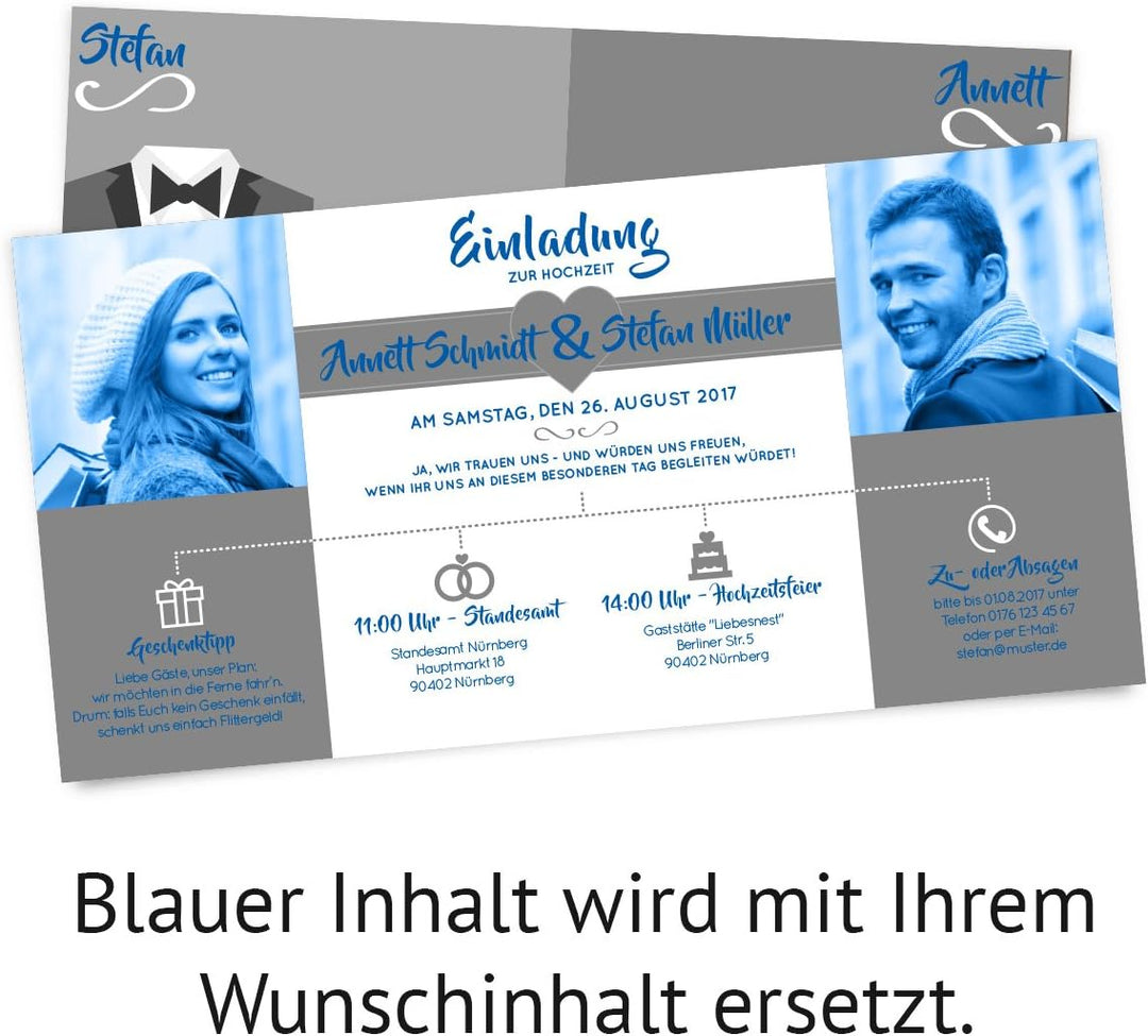 Hochzeitseinladungen (30 Stück) - Braut und Bräutigam Altarfalz - Hochzeitskarten in Grau
