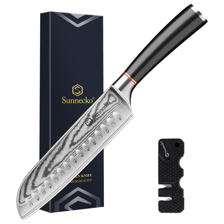 Sunnecko Santoku Messer Damastmesser 17cm, Hochwertiges Küchenmesser aus VG-10 Stahl, Fleischmesser