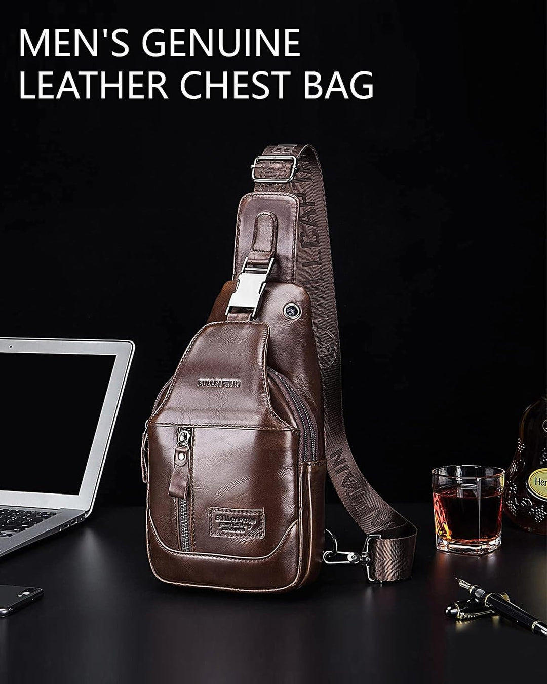 LOONGYOON Herrenbrusttasche aus Leder Umhängetasche mit Kopfhöreröffnung Studie über Sportreisen Mul