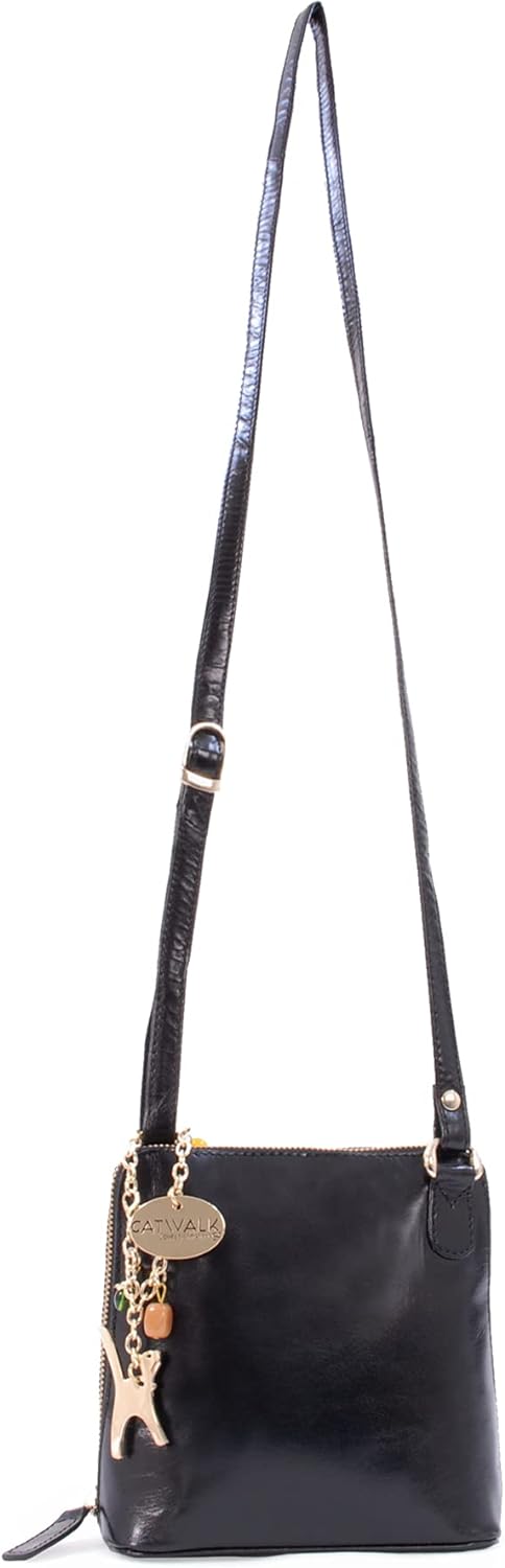 Catwalk Collection Handbags - Leder - Klien Umhängetasche/Schultertasche - LENA S Schwarz Gold, S Sc