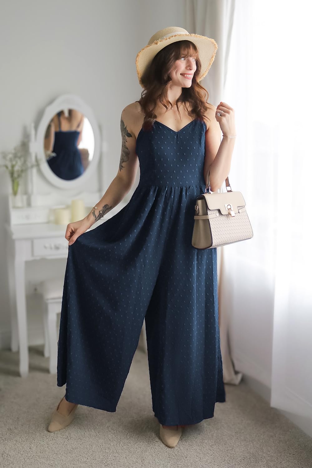 LAISHEN Jumpsuit Damen Sommer Overall Elegant Festlich Hochzeit Lang Hosenanzug Weites Bein Hose Pla