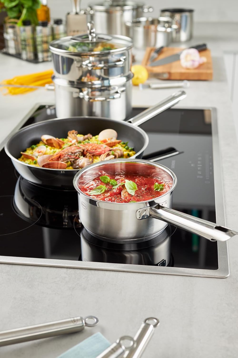 RÖSLE ELEGANCE GLOBE Topfset 10-tlg., 6 hochwertige Kochtöpfe, 1 Dämpfeinsatz, 2 Bratpfannen im Set,