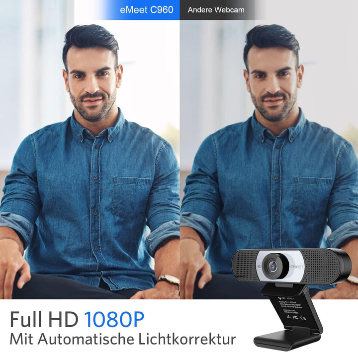 EMEET Full HD Webcam - C960 1080P Webcam mit Objektivabdeckung & Dual Mikrofon, 90 ° Streaming Kamer
