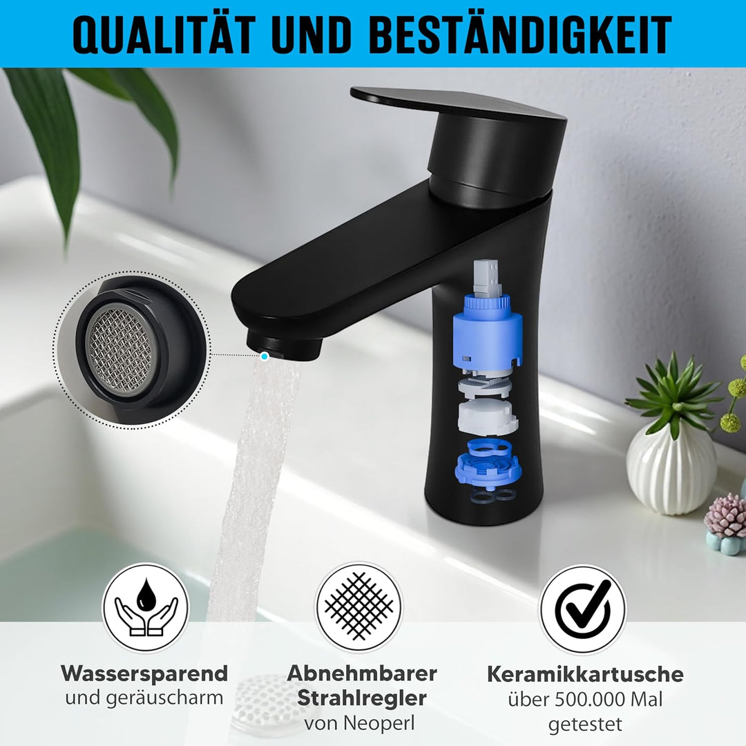 LEODERA Wasserhahn Bad Schwarz, Waschtischarmatur Edelstahl, Einhebelmischer Badezimmer, Waschbecken