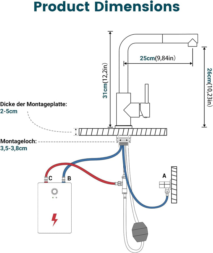 DAYONE Niederdruck Wasserhahn Küche mit Brause Ausziehbar, Küchenarmatur mit 3 Anschlüssen für Boile