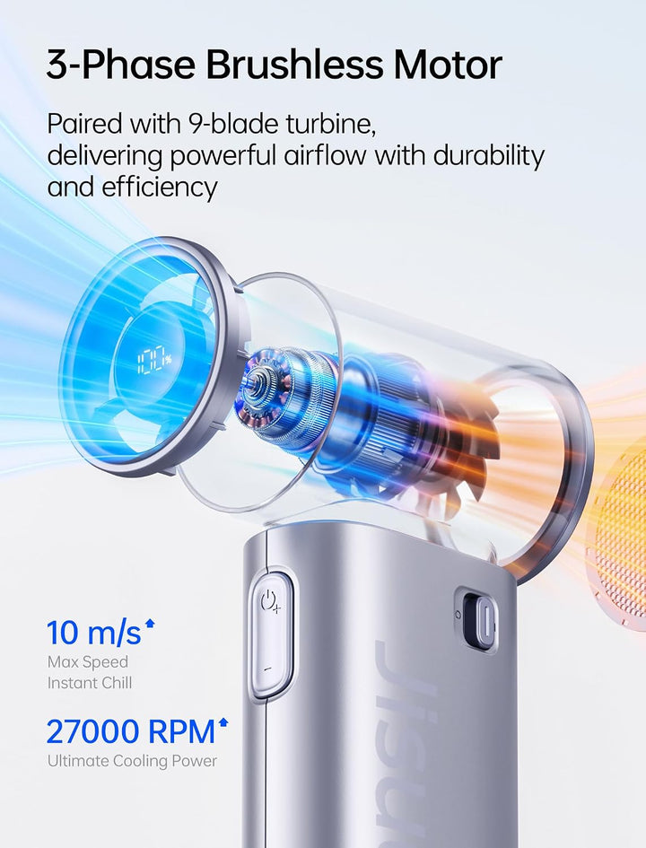 JISULIFE Tragbarer Handventilator 9S, Turbo Power, bis zu 22 Stunden Laufzeit, 5000 mAh Akku, 5-Gang