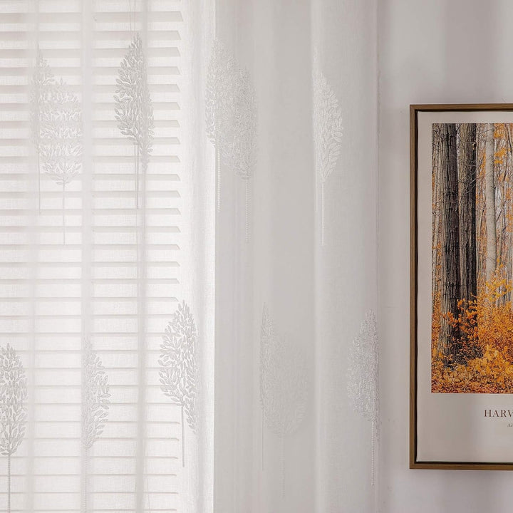 MIULEE Wohnzimmer Vorhänge Transparent mit Weiss Blätter Muster, Modern Stickerei Gardinen Ösen für