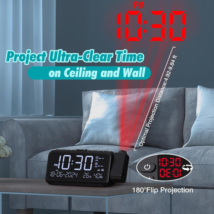 Mesqool Radiowecker mit 320° Projektor, Digitaluhr für Schlafzimmer, USB/Type-C-Anschluss, Doppelala