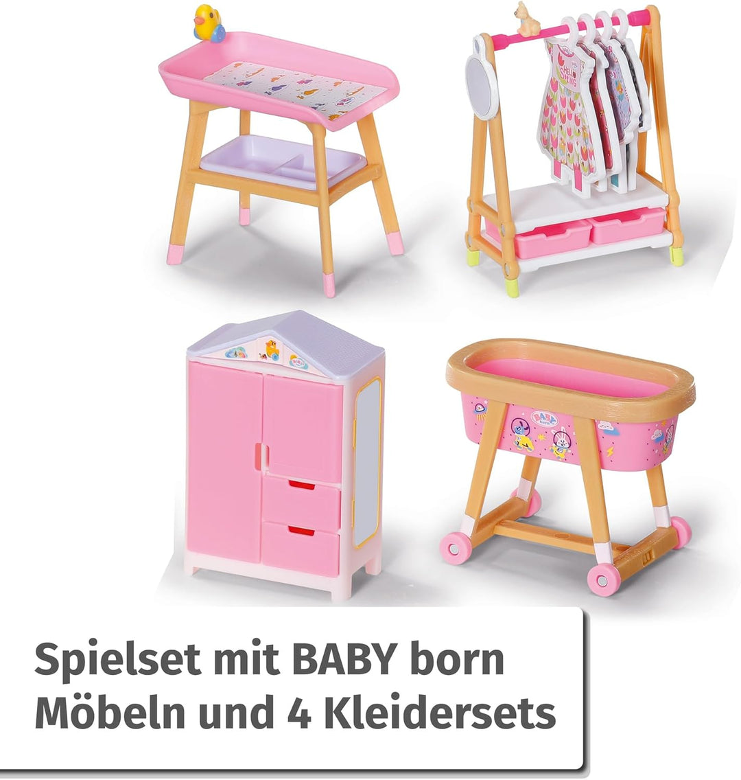 BABY born Minis Playset Möbelset mit Kleiderschrank, Kleiderstange, Stubenwagen und Wickeltisch, 906
