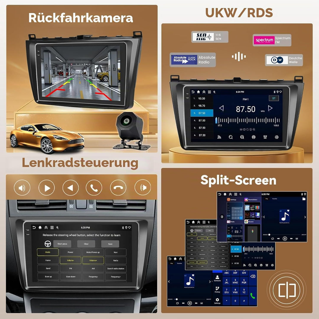 Hikity Android 15 4+128G Autoradio für Mazda 6 2007-2012 mit 9 Zoll Incell Touchscreen, Autoradio 2D