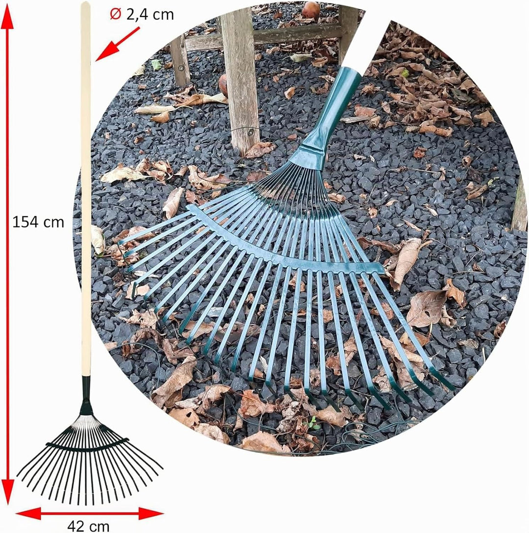 Laubrechen Garten Laub Fächer Rechen Besen Fächerbesen Metall grün lackiert mit 22 Zinken und 24 mm