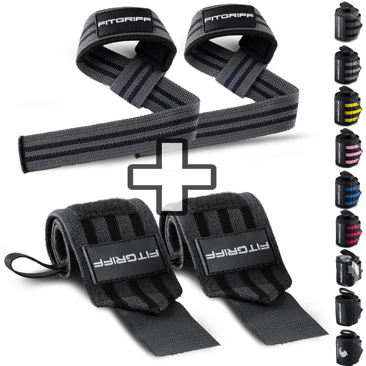 Fitgriff® Handgelenk Bandagen + Zughilfen (2er Set) - für Krafttraining, Fitness, Bodybuilding, Gewi