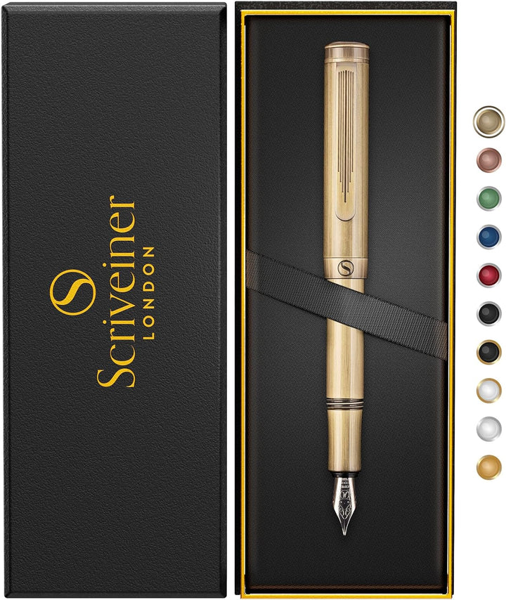 Scriveiner Luxus EDC Füllfederhalter (Medium), Messing-Taschenfüller, Handgebürstetes Finish, deutsc