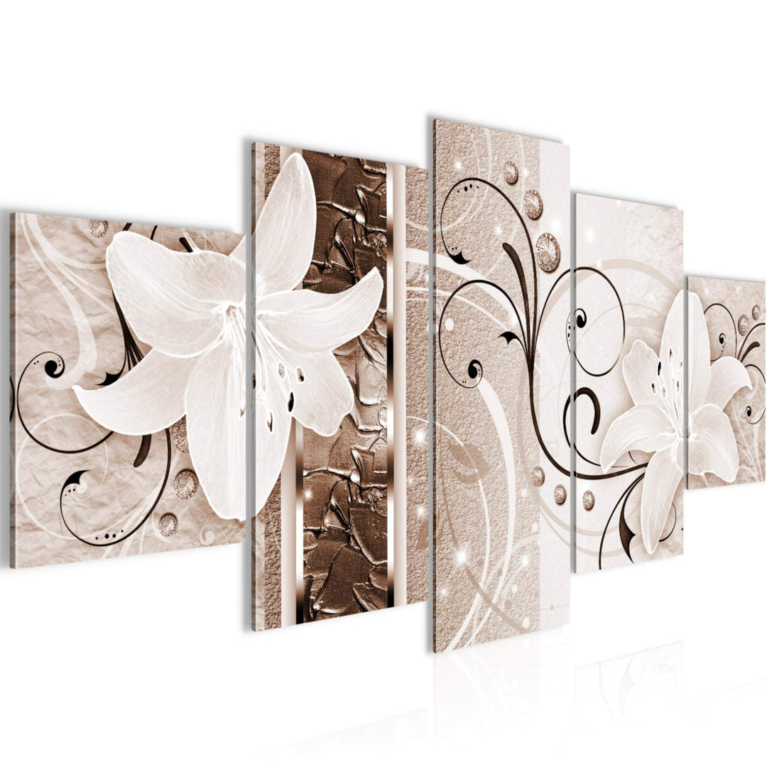 Runa Art Wandbilder Blumen Lilien 5 Teilig Bild auf Vlies Leinwand Deko Wohnzimmer Abstrakt Biege Br