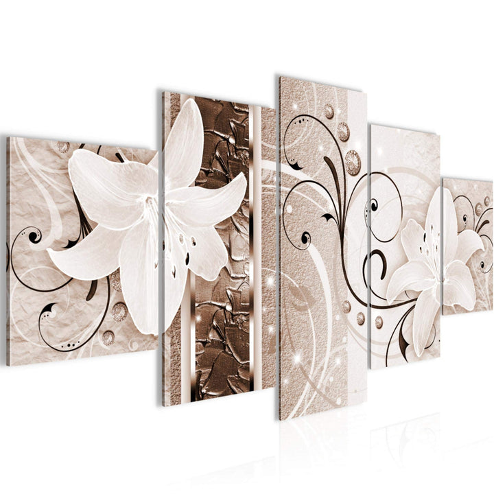 Runa Art Wandbilder Blumen Lilien 5 Teilig Bild auf Vlies Leinwand Deko Wohnzimmer Abstrakt Biege Br