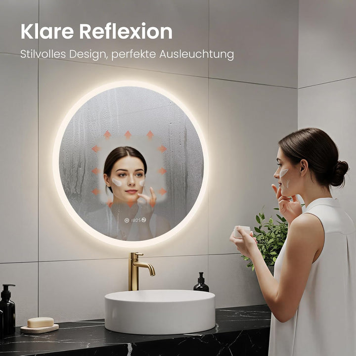Heilmetz LED Badspiegel Rund 60cm mit Acrylrahmen, Badezimmerspiegel mit Beleuchtung & Uhr, Wandspie