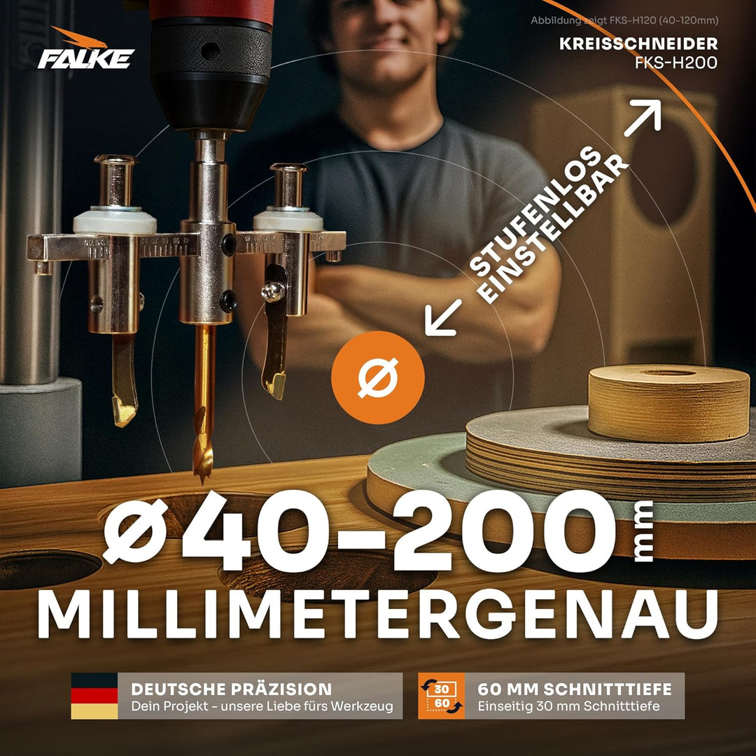 Falke Kreisschneider FKS-H 200 - Universal für Holz, Kunststoff, Gipskarton | Durchmesser stufenlos
