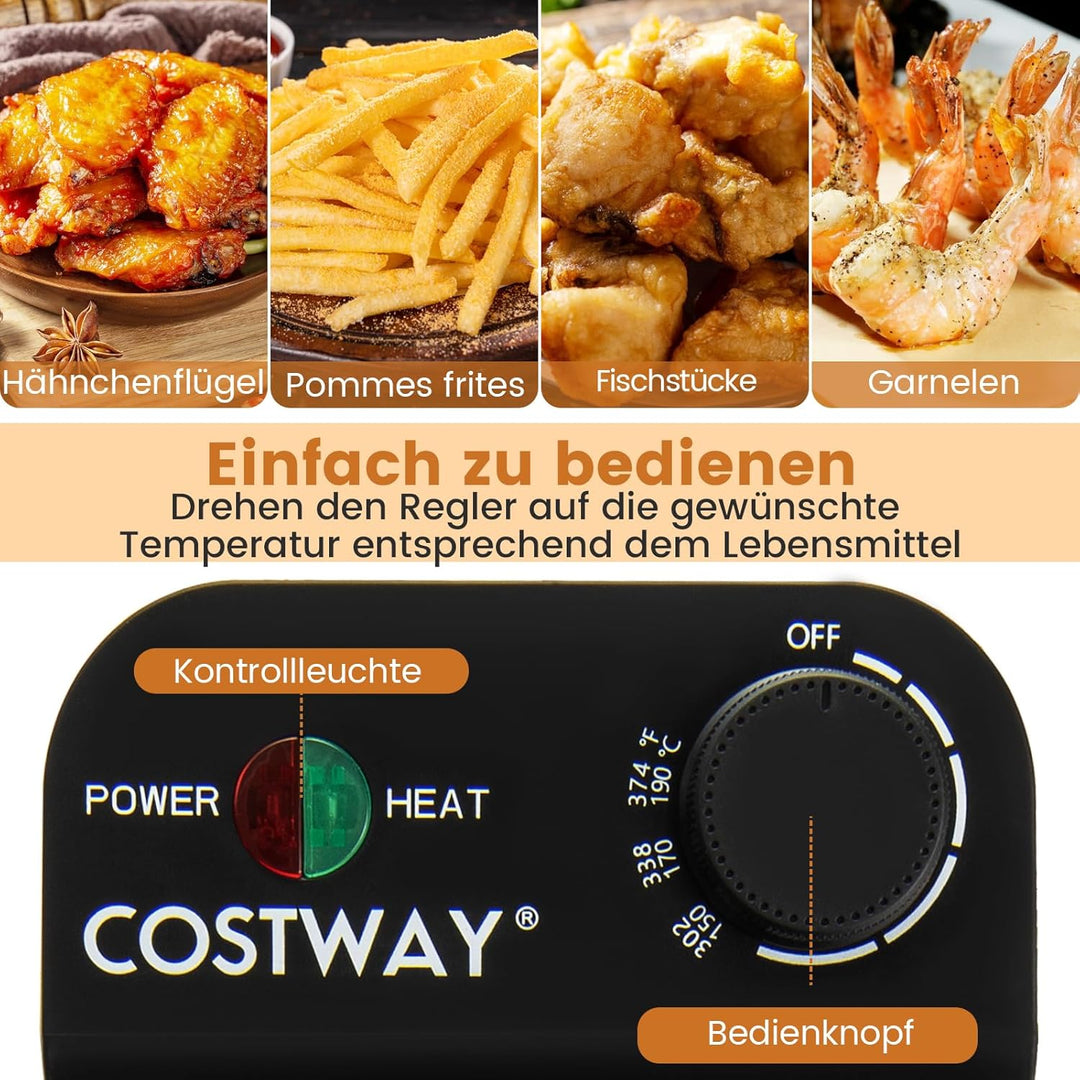 COSTWAY 2000W Elektrische Öl-Fritteuse, 5L Fritteuse Edelstahl mit 3 Frittierkörben, einstellbare Te
