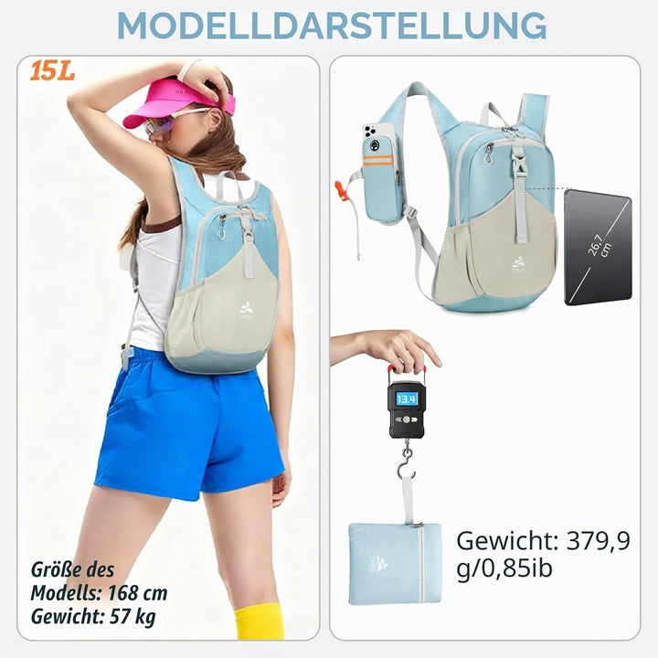 15L Wanderrucksack Kleiner Damen Herren Leichter Faltbarer Daypack Tagesrucksack Trekkingrucksack fü