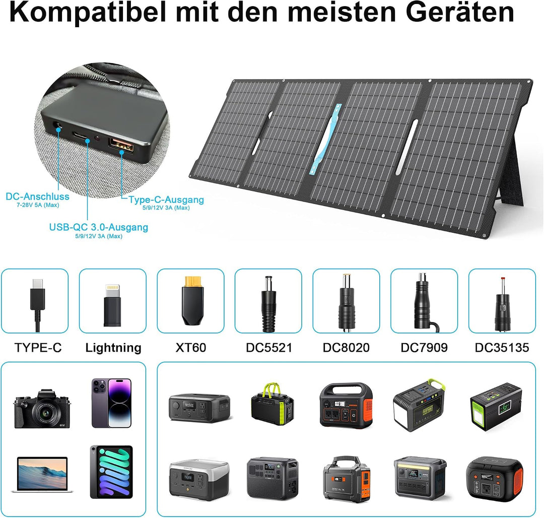 60W Faltbares Solarladegerät Tragbar, Monokristallin mit 24% Wirkungsgrad, IP67 Wasserdicht, 3 Ausgä