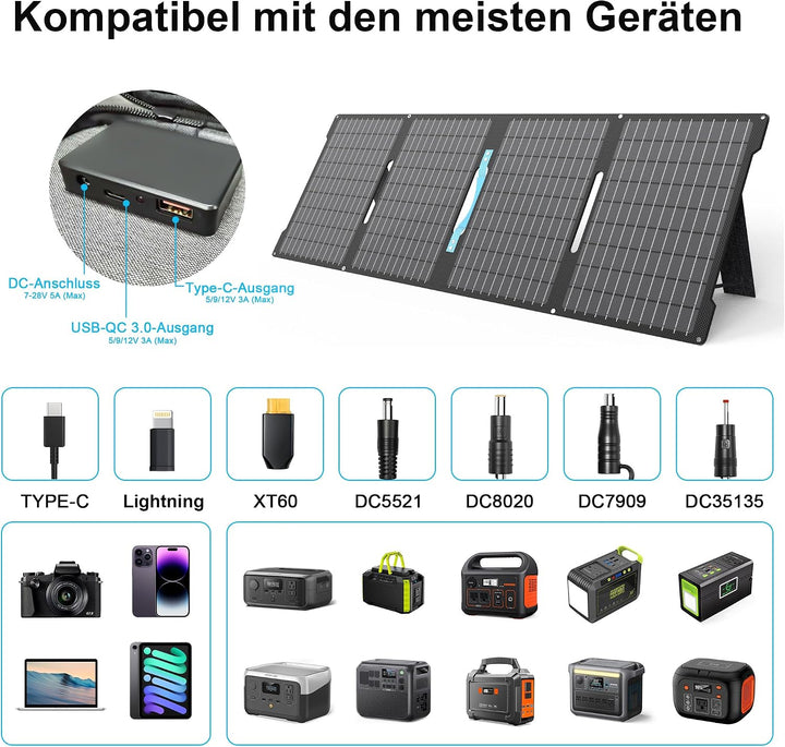 60W Faltbares Solarladegerät Tragbar, Monokristallin mit 24% Wirkungsgrad, IP67 Wasserdicht, 3 Ausgä