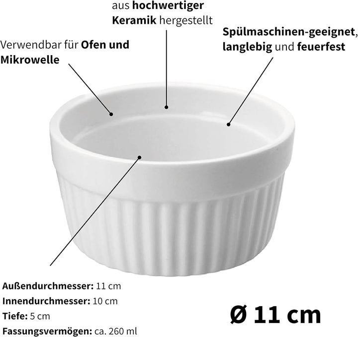 ToCi 6 x Soufflé Förmchen Ø 11 cm - Creme Brulee Schälchen | Ofenfeste Keramik Förmchen je 260 ml |