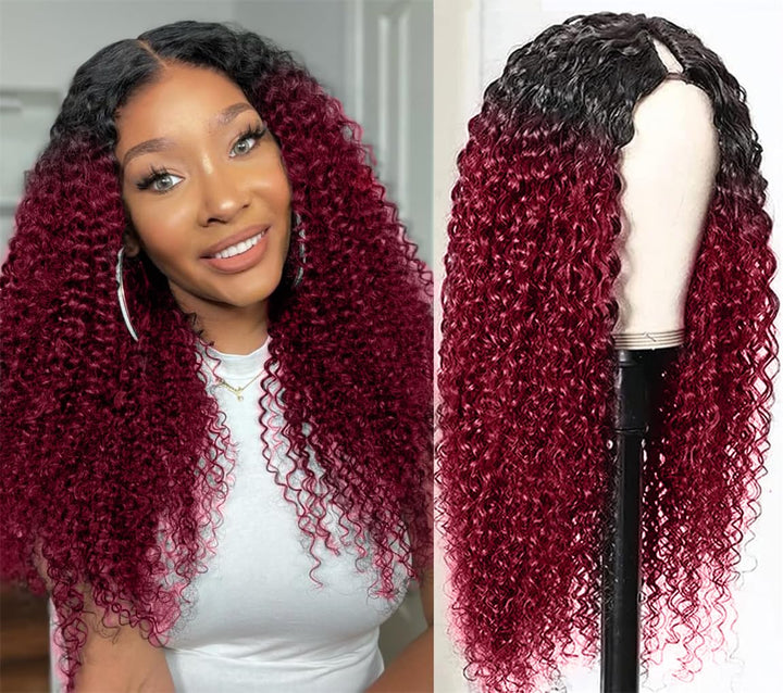 Curly V Part Wig Human Hair Burgundy Echthaar Perücke Real Hair Wig Red V Part Real Lockiges Menschl