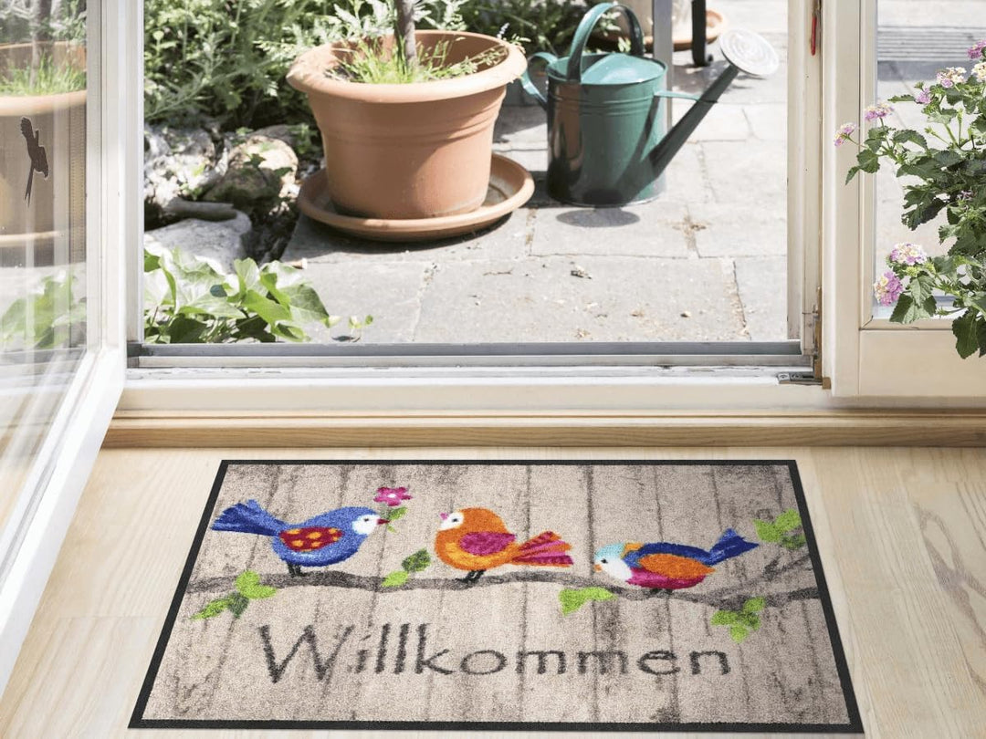 Salonloewe Birds Wood Fussmatte 50 x 75 cm Fussabtreter Türmatte Schmutzfangmatte Vögel bunt Frühlin