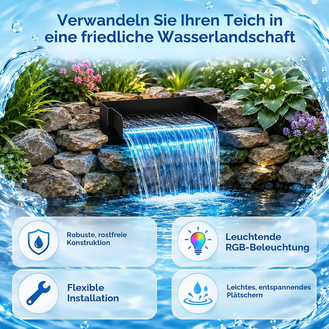 30 cm Wasserfall teich Set, mit 45w 2000L/H Wasserfallpumpe &amp; Filterkäfig, Edelstahl-Wasserfall mit